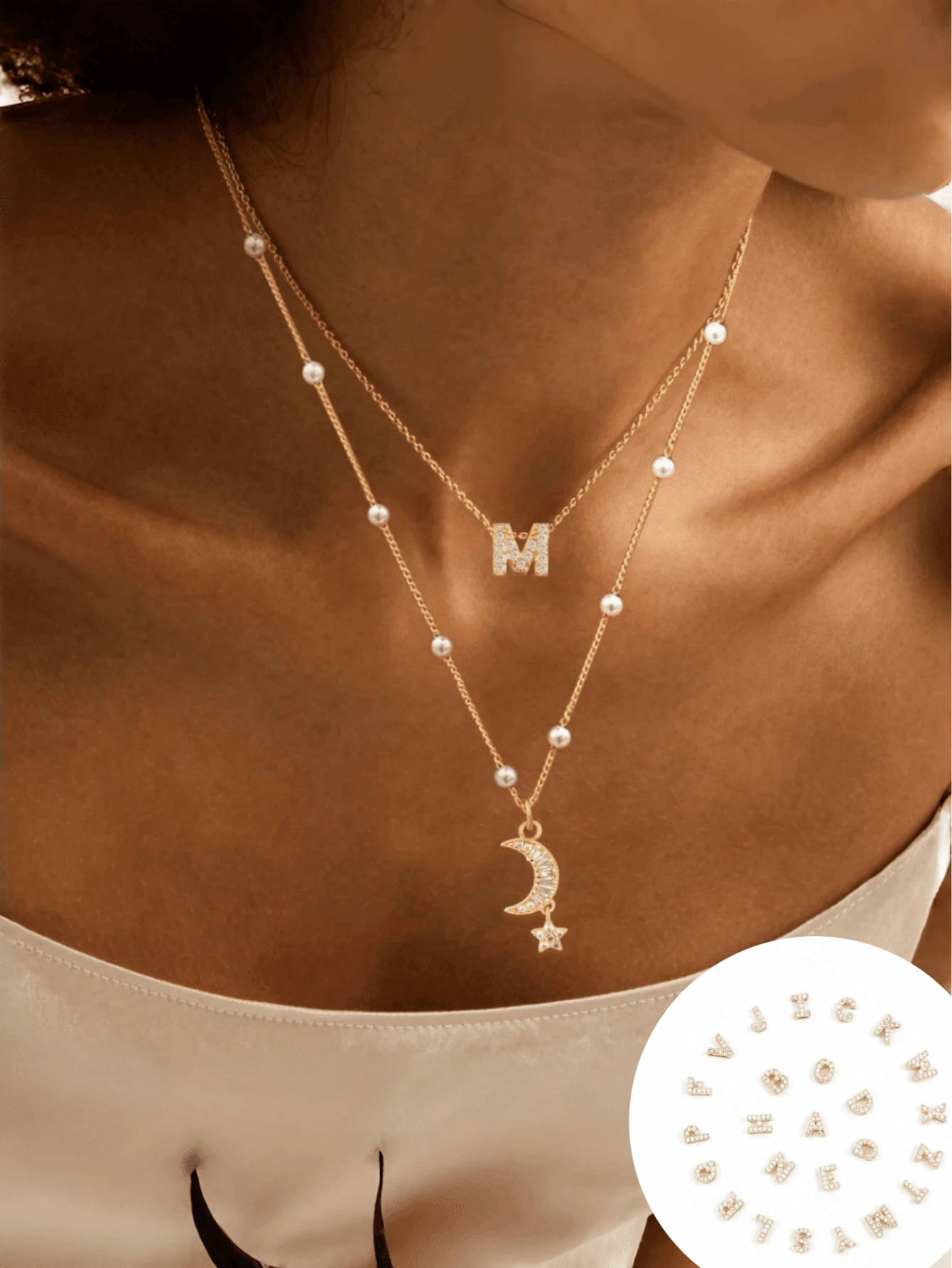 2 Pieces Of Women's Elegant And Personalized Crescent Moon A-Z Letter Necklaces, Suitable For Daily Wear, Vacation Trips, Outings, Shopping, Sightseeing, And Photo Decoration.