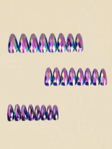 24 miếng dán móng tay hình thoi 3D ánh kim, kiểu Gothic, màu tím, hình hạnh nhân, phụ kiện làm móng mùa thu - Màu tím - Xem 2