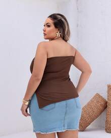 PLUS BLUSA CROPPED ZAFIRA ASSIMÉTRICA FENDA LATERAL RIBANINHA