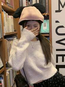 女士复古短款针织毛衣，高品质，优雅，秋冬 - 杏色 - 查看 4