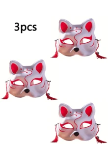 3pcs Cosplay Cat Mask, Hand Painted Half Fox & Japanese Style Anime Half Face Cover,Fox Mask Valentine's Day Animal Costume Party Accessories, Cute Kabuki Cosplay Half Face Masquerade Theater Mask Japanese Style,Halloween, Christmas