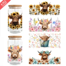 4 件 Highland Cow UV DTF 杯套适用于 16 盎司 Libbey 玻璃杯 - 防水 3D 水晶转印贴纸，适用于 DIY 工艺品、马克杯、笔记本电脑