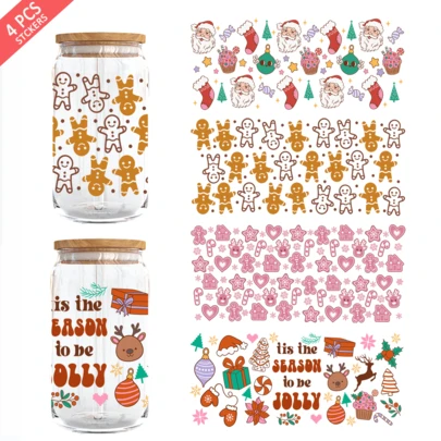 4pcs Christmas UV DTF Cup Wrap For 16oz Libbey Glass - Waterproof 3D Crystal Transfer Sticker For DIY Crafting, Mugs, Laptops