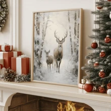 1 pièce Affiche sur canevas de style vintage représentant une forêt d'hiver avec un cerf. Convient pour le salon, la chambre, le bureau à domicile, la cuisine. Impression sur canevas verticale/horizontale pour usage intérieur avec motif de Noël. (Cadre en option)