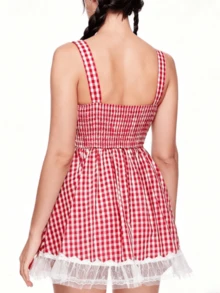 Women's Vintage Plaid Print Mini Corset Dress Halloween Costume Sleeveless Tank Dress Cosplay Outfit For Holiday Party - 紅色 - 查看 3