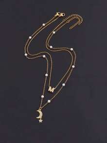 2 Pieces Of Women's Elegant And Personalized Crescent Moon A-Z Letter Necklaces, Suitable For Daily Wear, Vacation Trips, Outings, Shopping, Sightseeing, And Photo Decoration.