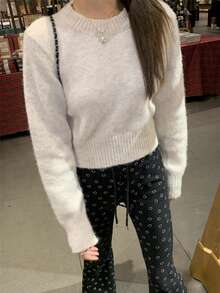 女士复古短款针织毛衣，高品质，优雅，秋冬 - 杏色 - 查看 5