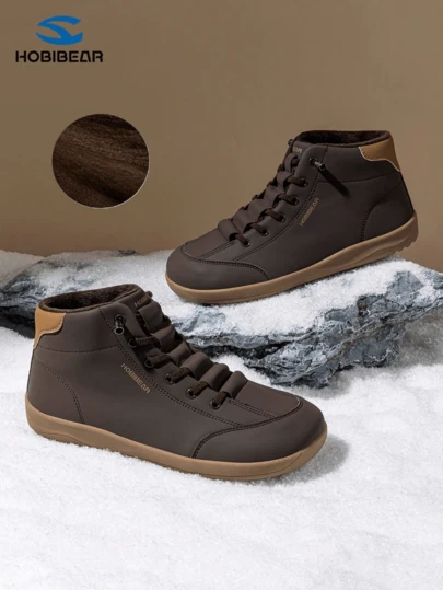 HOBIBEAR Men's Winter Warm Casual Sneakers, Brown Mid-Top Comfortable Wide Toe Minimalist Outdoor Sports Shoes