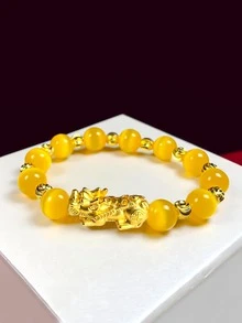 1 件 3 色猫眼石珠风水貔貅手链、带猫眼石的弹性手链、玉珠手链、DIY 水晶玛瑙圆珠貔貅手链、黑曜石时尚优雅情侣手链 - 黃色 - 查看 3