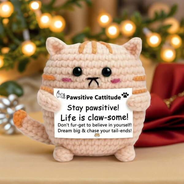 1pc Handmade Crocheted Desktop Decor Figurine, Cute Cat Animal Shape, Birthday Gift For Best Friend, Girlfriend, Sister, Mom, Grandma, Coworker, Family, Positive Vibes, Party, Halloween, Christmas, Appreciation, Plush Doll, Small Gift