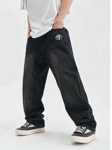 Jeans holgados y acampanados de estilo vintage para hombres con detalles de borde crudo - Denim azul, estilo callejero, lavable a máquina, cómodo durante todo el año, con patrones bordados, detalles de estilo de alta calle, pantalones vaqueros de ropa de calle | Denim de estilo callejero | Pantalones vaqueros de unicolor