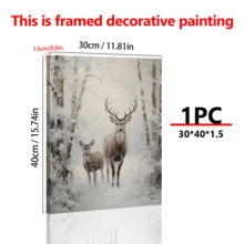 1 pièce Affiche sur canevas de style vintage représentant une forêt d'hiver avec un cerf. Convient pour le salon, la chambre, le bureau à domicile, la cuisine. Impression sur canevas verticale/horizontale pour usage intérieur avec motif de Noël. (Cadre en option)