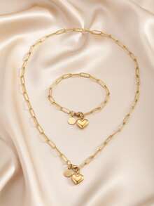 2pcs/Set Necklace And Bracelet Jewelry Set, Stainless Steel Material, Fashionable And Romantic Design, Suitable For Most People, Heart And Round Pendant Decor, Ideal For Valentine's Day, Dates, And Spring Daily Wear