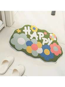 1pc Fluffy Floral Bathroom Mat, Cute Happy Flower Design, Non-Slip Washable Absorbent Bath Rug, Suitable For Bathroom, Sink, Shower, Bathtub, 28" X 18"