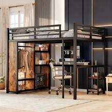 Queen Size Loft Bed With Built-In Wardrobe, Desk And Storage Shelves, Metal Loft Bed Frame In Woodgrain Finish - 木材+MDF+金屬+大床 - 查看 1