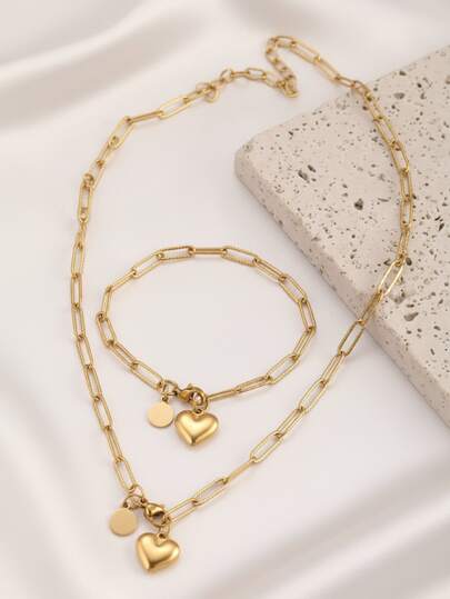 2pcs/Set Necklace And Bracelet Jewelry Set, Stainless Steel Material, Fashionable And Romantic Design, Suitable For Most People, Heart And Round Pendant Decor, Ideal For Valentine's Day, Dates, And Spring Daily Wear