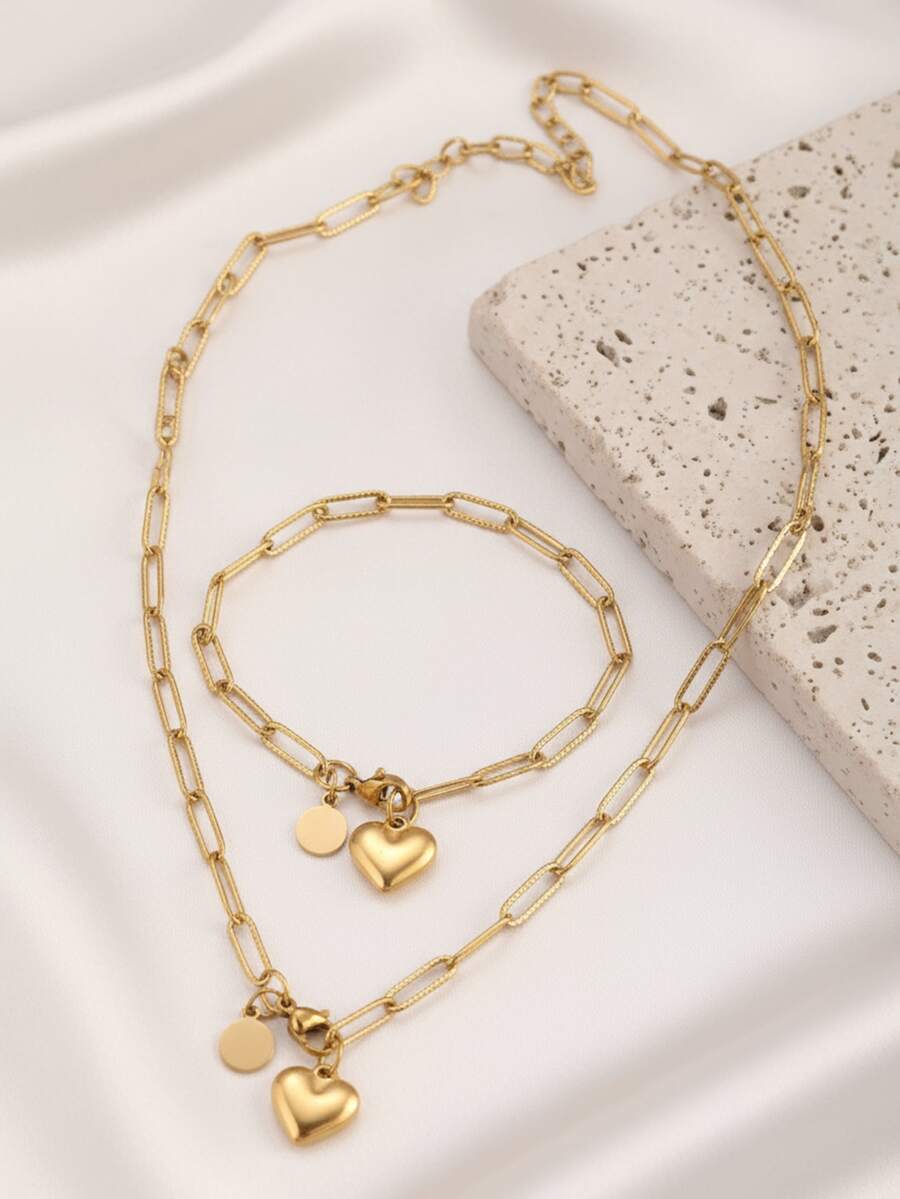 2pcs/Set Necklace And Bracelet Jewelry Set, Stainless Steel Material, Fashionable And Romantic Design, Suitable For Most People, Heart And Round Pendant Decor, Ideal For Valentine's Day, Dates, And Spring Daily Wear