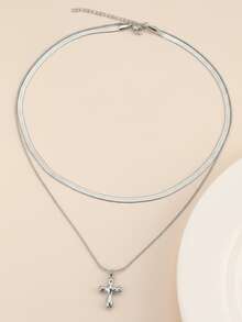 1pc Stainless Steel Snake Chain & Cross Pendant Double Layer Necklace For Women, Fashionable, Elegant, Unique Design With Textured Details, Suitable For Daily And Religious Occasions - necklace - View 6