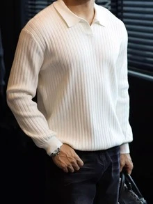 GRDR Men's Ribbed Collar Long Sleeve Knit Sweater, Casual Versatile Outerwear - White - View 5