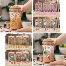 4 件圣诞 UV DTF 杯套适用于 16 盎司 Libbey 玻璃杯 - 防水 3D 水晶转印贴纸，适用于 DIY 工艺品、马克杯、笔记本电脑 - 多色-聖誕3 - 查看 2