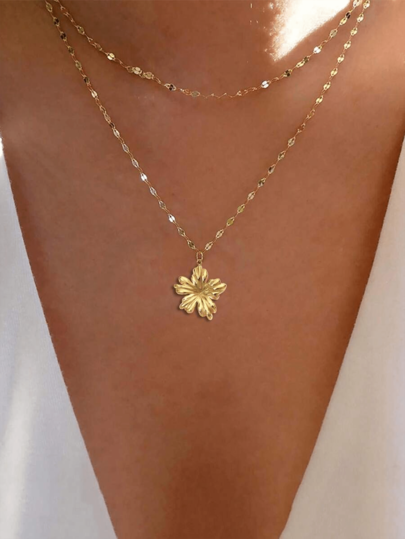 1pc Adjustable Length Double Layer Necklace For Women, Suitable For Most, Made Of Stainless Steel, Layered Design, Fashionable And Unique. This Necklace Is In Bohemian Style, Featuring A Smooth Chain And A Delicate Chain With Floral Pendant, Adding A Bohemian Vibe To Your Outfit, Suitable For Beach, Festivals, And Daily Wear.