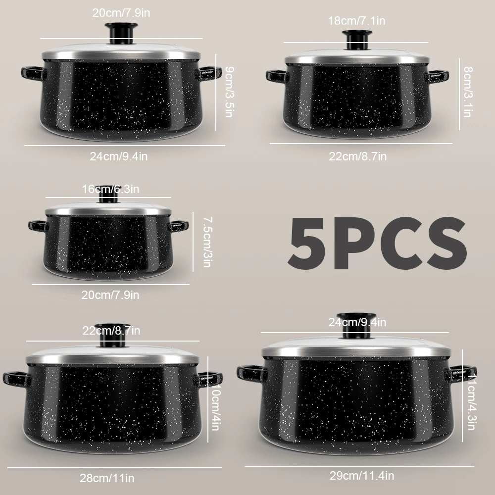 Lislark 5pcs Enamelware Pot Set, Non Stick Soup Pots And Pans Set With Stay Cool Handles 5pcs Kitchen Cookware With Lids Enamel Stockpot Stew Pot Cooking Pot For All Stove, Black - Black - View 1