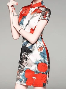 女式中式立领短袖花卉印花修身短款旗袍 - 彩色 - 查看 3