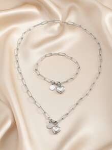 2pcs/Set Necklace And Bracelet Jewelry Set, Stainless Steel Material, Fashionable And Romantic Design, Suitable For Most People, Heart And Round Pendant Decor, Ideal For Valentine's Day, Dates, And Spring Daily Wear