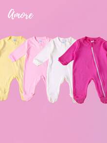 Assorted Plain Footed Romper - 100% Cotton Suede - Màu Hồng baby - Xem 1