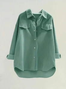 女士时尚涤纶翻领长袖落肩灯芯绒休闲衬衫，不对称下摆带纽扣细节 - 豆綠色 - 查看 3