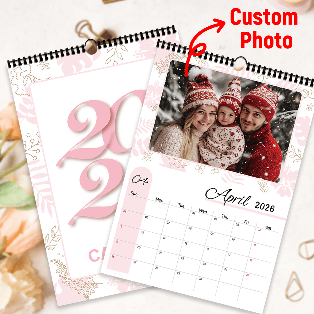 [Custom] 2026 Calendar, Pink Floral, Family Photo, 12-Month Customized Calendar, Best Friend Gift, Teen Girl Gift, Home Decor, 12 Different Photos, Couple Photos, Wedding Photos Printed, 4 Cover & Inner Page Photos, Family Wall Calendar, Photo Customization, Home Decoration, New Year Gift, Photo Customization, Small Gift, Holiday Gift, New Year, Suitable For Family, Friends, Party Decoration, English Version