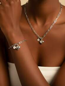 2pcs/Set Necklace And Bracelet Jewelry Set, Stainless Steel Material, Fashionable And Romantic Design, Suitable For Most People, Heart And Round Pendant Decor, Ideal For Valentine's Day, Dates, And Spring Daily Wear