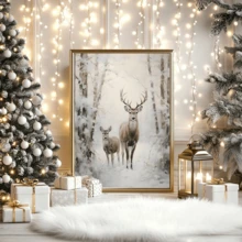1 pièce Affiche sur canevas de style vintage représentant une forêt d'hiver avec un cerf. Convient pour le salon, la chambre, le bureau à domicile, la cuisine. Impression sur canevas verticale/horizontale pour usage intérieur avec motif de Noël. (Cadre en option)
