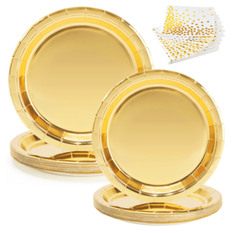 20/40 件金色纸盘餐巾用品套装，大型晚宴盘子，一次性生日派对用品蛋糕甜点盘，婴儿洗礼餐具套装派对装饰品烧烤野餐婚礼毕业纪念日