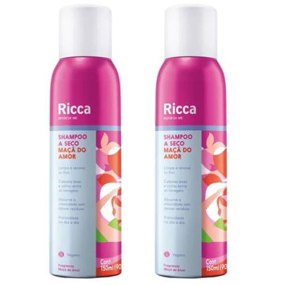 KIT 02 UND Shampoo a Seco Ricca 150ML Maçã do Amor Antioleosidade Instantâneo Fios Leves e Soltos