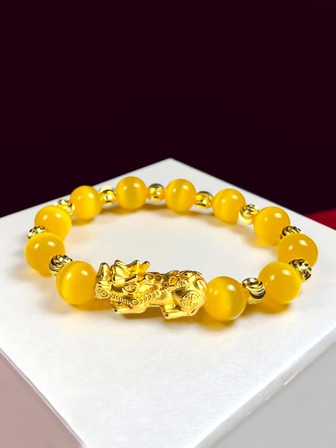 1 件 3 色猫眼石珠风水貔貅手链、带猫眼石的弹性手链、玉珠手链、DIY 水晶玛瑙圆珠貔貅手链、黑曜石时尚优雅情侣手链