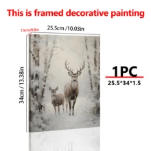 1 pièce Affiche sur canevas de style vintage représentant une forêt d'hiver avec un cerf. Convient pour le salon, la chambre, le bureau à domicile, la cuisine. Impression sur canevas verticale/horizontale pour usage intérieur avec motif de Noël. (Cadre en option)