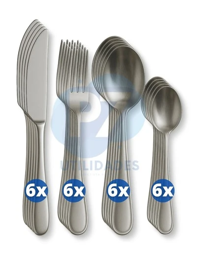 Kit 24 Talheres de Mesa Aço Inox – 6 Facas Churrasco, 6 Garfos, 6 Colheres de Sopa e 6 de Sobremesa
