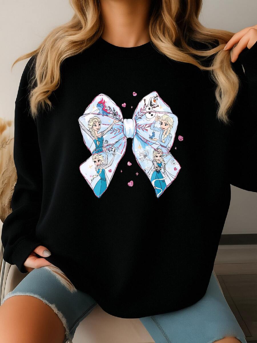 Shirt, Frozen Shirts,  Castle Watercolor, Princess  Bow Shirts,  Girls Trip, Frozen Coquette Bow Shirt, Mss345 Sweatshirt - 黑色 - 查看 1