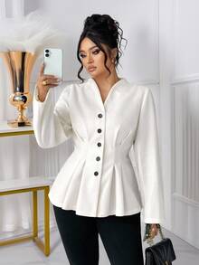 Plus Size Women's Thick Fabric Stand Collar Double-Sided Design Waist Ruched Elegant Teacher Outfit, Suitable For Christmas Eve, Christmas, Halloween, Thanksgiving, Diwali, Versatile Jacket
