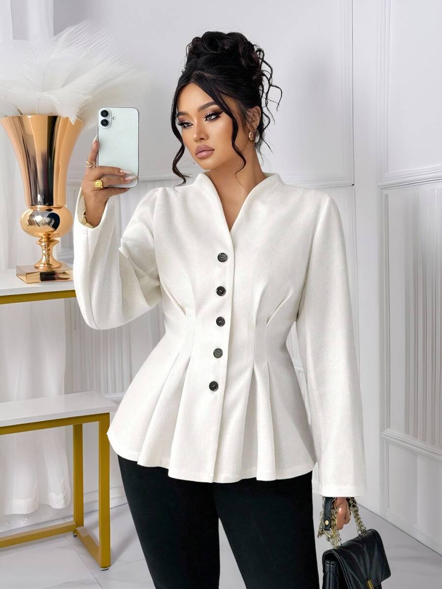 Plus Size Women's Thick Fabric Stand Collar Double-Sided Design Waist Ruched Elegant Teacher Outfit, Suitable For Christmas Eve, Christmas, Halloween, Thanksgiving, Diwali, Versatile Jacket