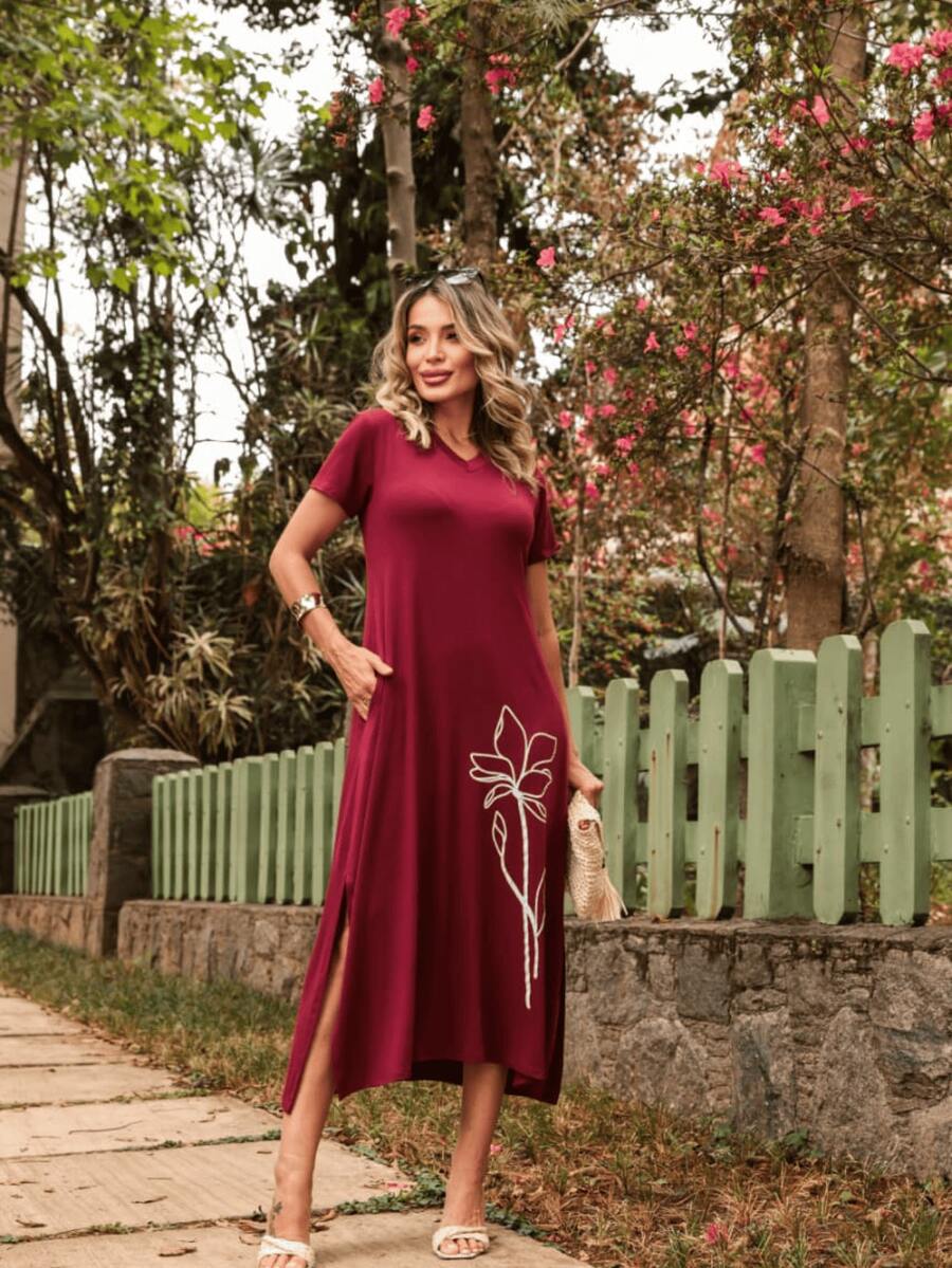 Loose Summer T-Shirt Dress With Side Slit - 紅色 - 查看 1