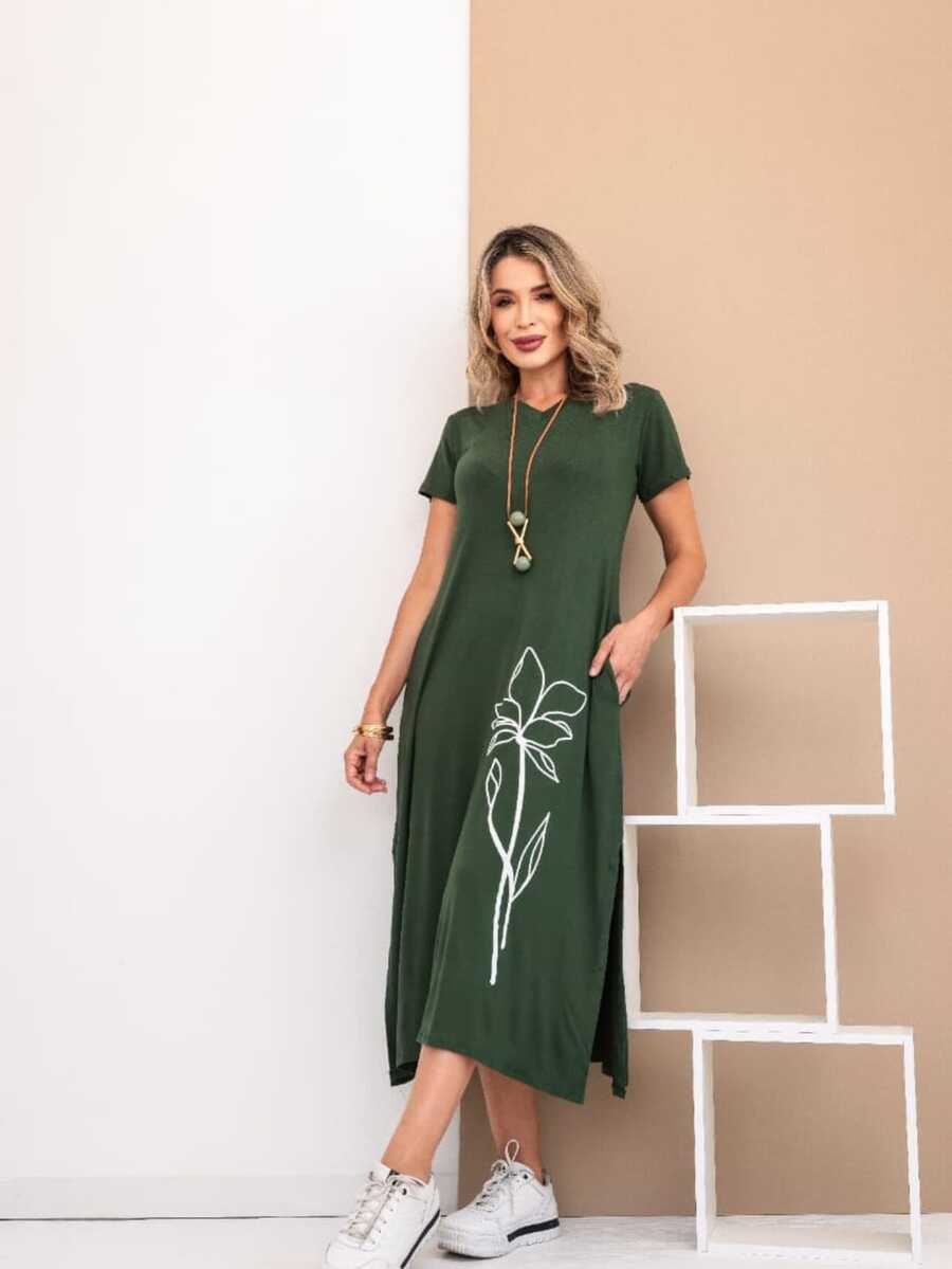 Loose Summer T-Shirt Dress With Side Slit - 綠色 - 查看 1