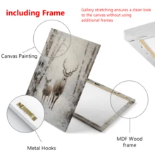 1 pièce Affiche sur canevas de style vintage représentant une forêt d'hiver avec un cerf. Convient pour le salon, la chambre, le bureau à domicile, la cuisine. Impression sur canevas verticale/horizontale pour usage intérieur avec motif de Noël. (Cadre en option)