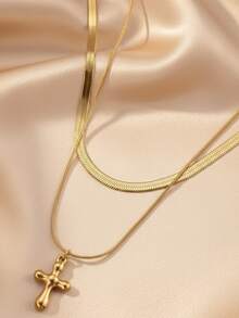 1pc Stainless Steel Snake Chain & Cross Pendant Double Layer Necklace For Women, Fashionable, Elegant, Unique Design With Textured Details, Suitable For Daily And Religious Occasions - necklace - View 2