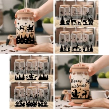 4 件圣诞 UV DTF 杯套适用于 16 盎司 Libbey 玻璃杯 - 防水 3D 水晶转印贴纸，适用于 DIY 工艺品、马克杯、笔记本电脑 - 黑色-聖誕5 - 查看 2