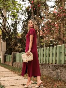 Loose Summer T-Shirt Dress With Side Slit - 紅色 - 查看 4