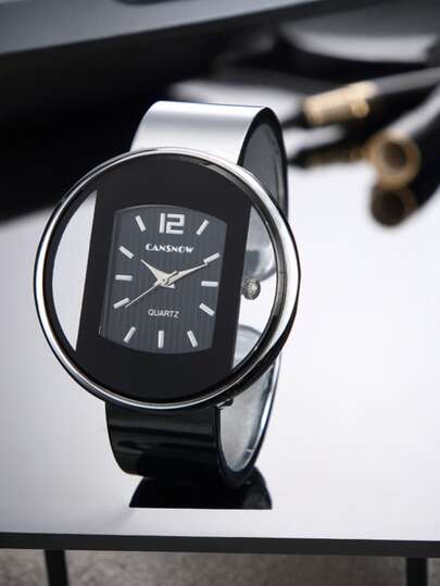 1PC Zilver Zwart Stainless Steel Quartz Horloge Oval Dial Ladies Wristwatches Wear Stylish Bangle Bracelet Watches Women /Birthday/Anniversary Her view 2