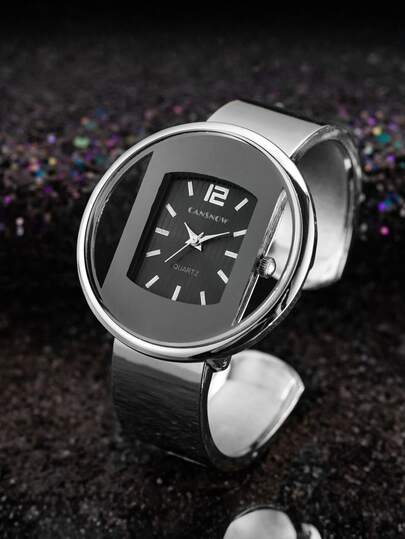 1PC Zilver Zwart Stainless Steel Quartz Horloge Oval Dial Ladies Wristwatches Wear Stylish Bangle Bracelet Watches Women /Birthday/Anniversary Her