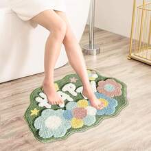 1pc Fluffy Floral Bathroom Mat, Cute Happy Flower Design, Non-Slip Washable Absorbent Bath Rug, Suitable For Bathroom, Sink, Shower, Bathtub, 28" X 18"